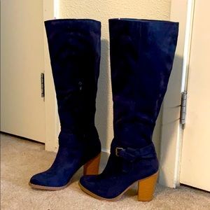 Blue suede heeled boots